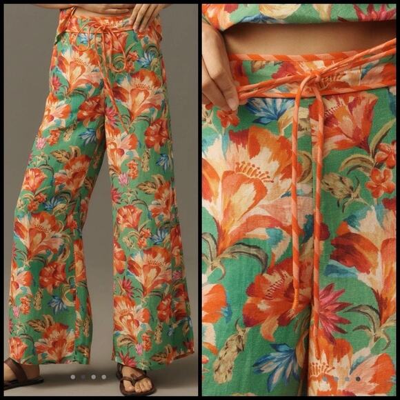 Farm Rio Pants Womens Size Small Linen Blend Wide Leg Floral Vacation High Rise - Picture 1 of 6